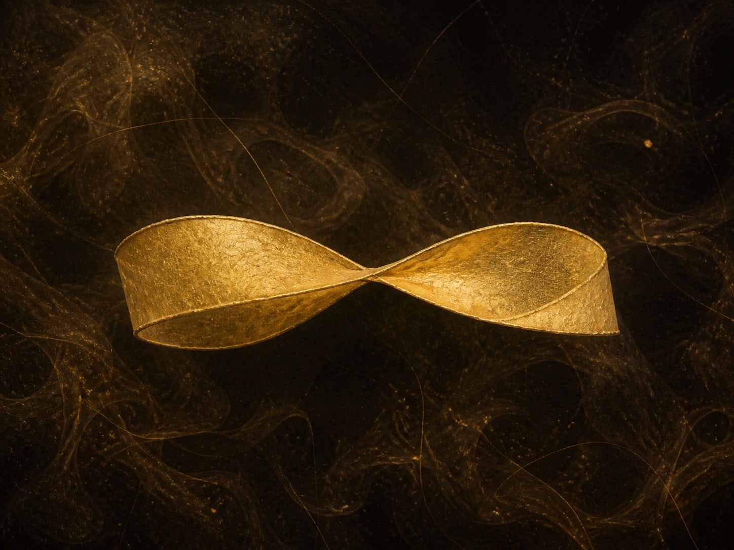 A pinched hourglass-shaped loop of gold surrounds a small dark hollow in smoky darkness.