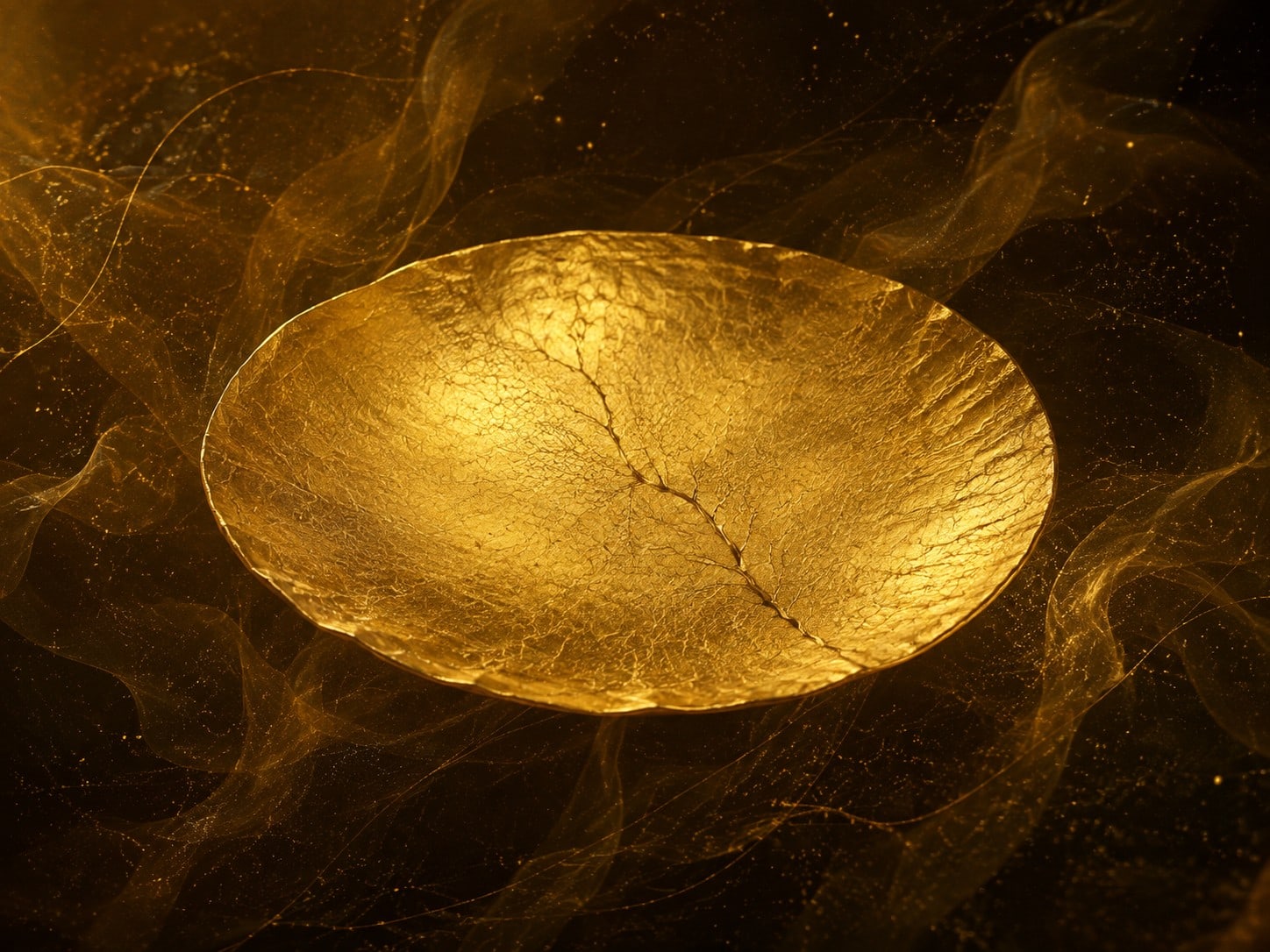 A lightly cupped oval gold sheet has one fine branching fracture in a dark smoky void.