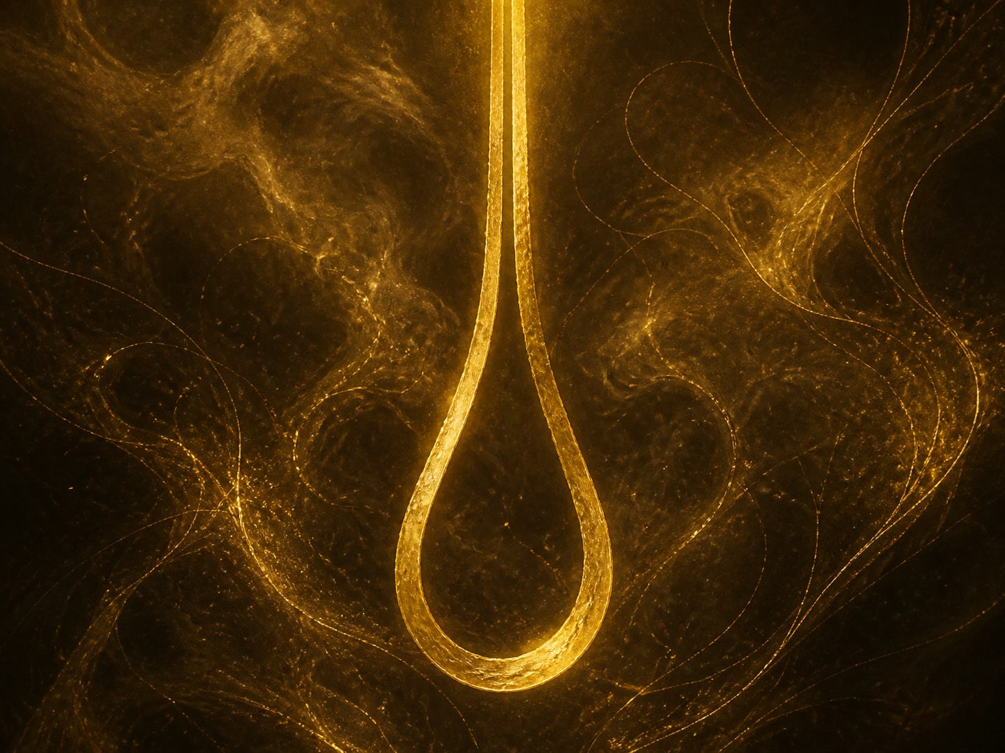 A single tall gold thread descends into a wide gentle loop and rises back beside itself with a narrow gap of darkness between the two lines.