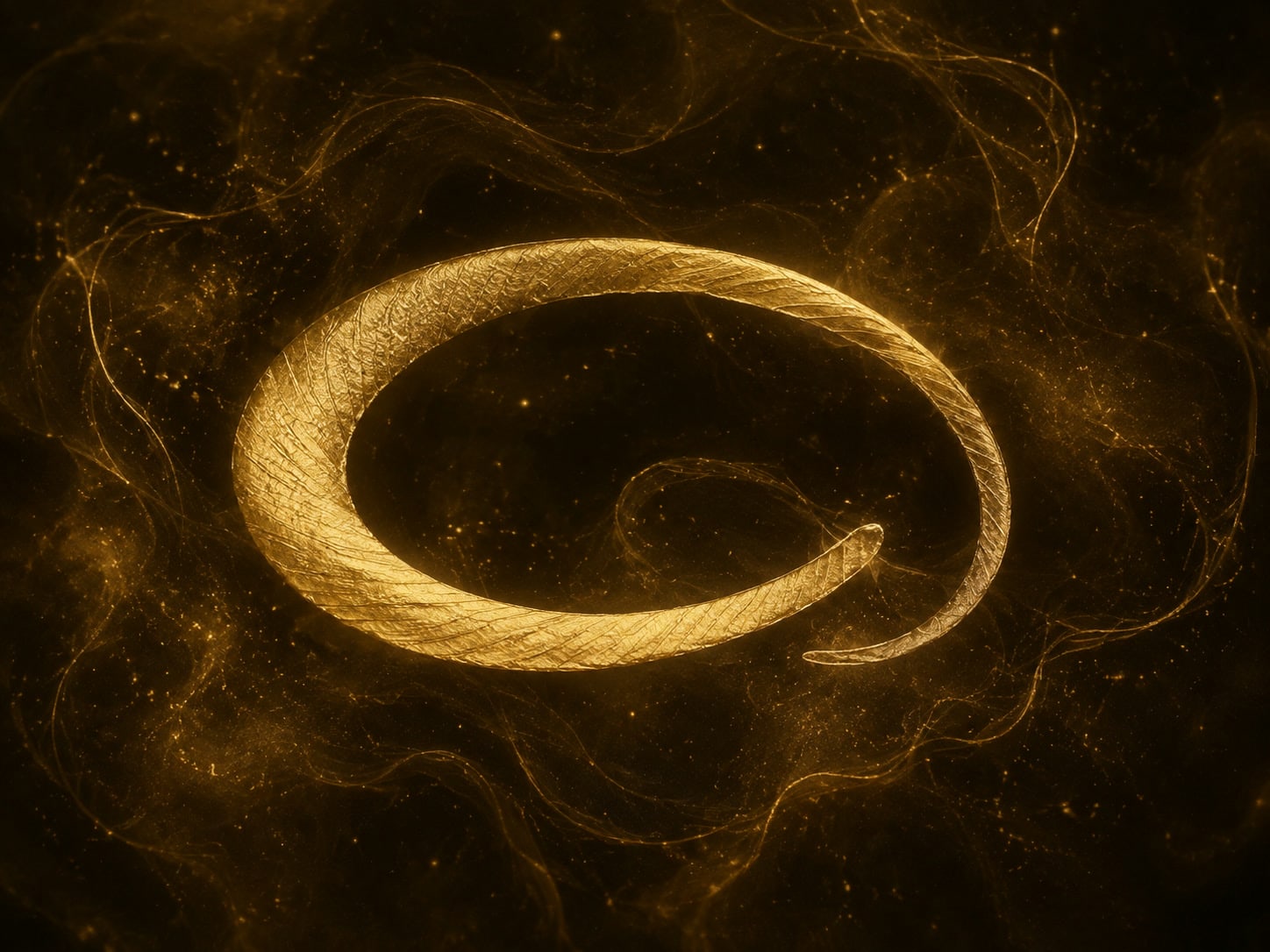 A single looping luminous gold thread forming a low open curve and tapering back toward its own beginning in warm dark haze.