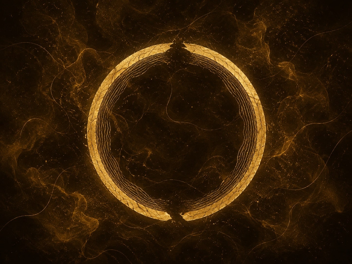 An imperfect broken gold ring with fine inner lines floats amid dark haze and gold specks.