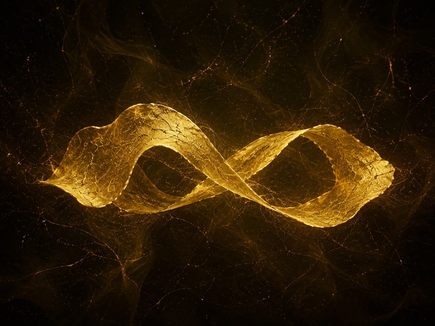 A looping, textured gold filament floats in dark smoky haze with scattered gold particles.