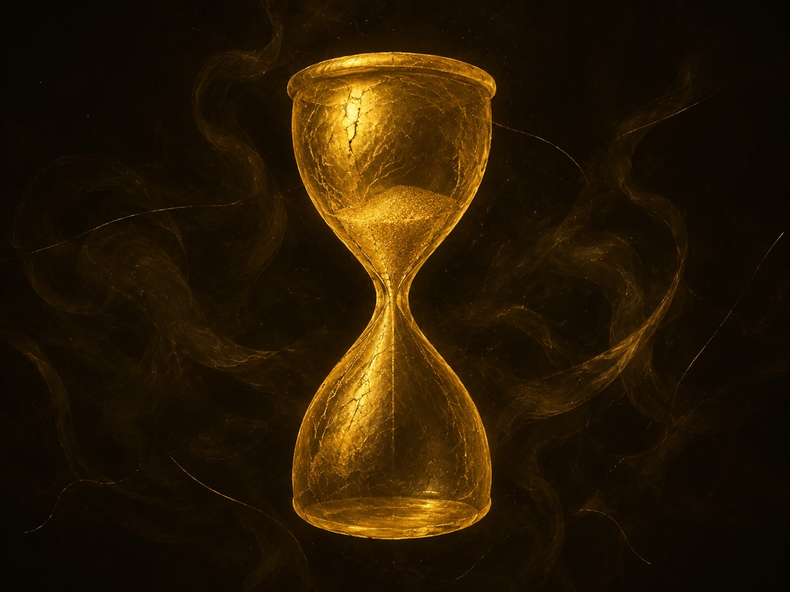 A luminous gold hourglass with fine surface cracks floats in smoky dark space.