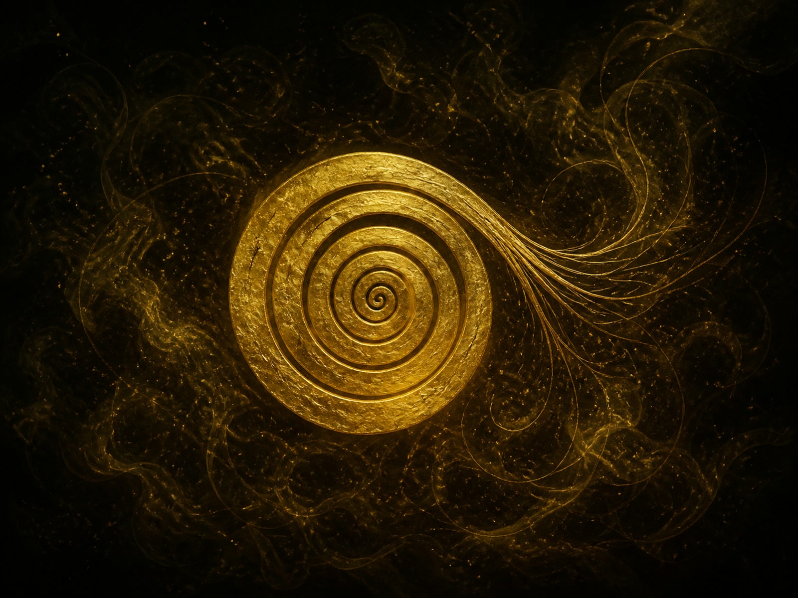 A coiled gold thread slowly unspools into fine glowing strands in smoky darkness.