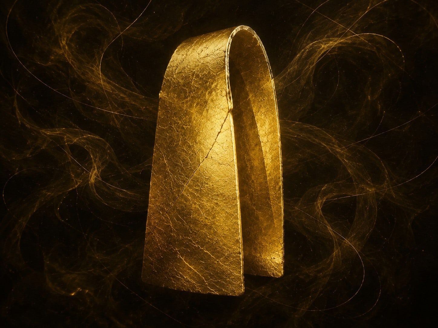A tall gently bent hollow gold arch stands slightly ajar along one seam in warm dark haze.