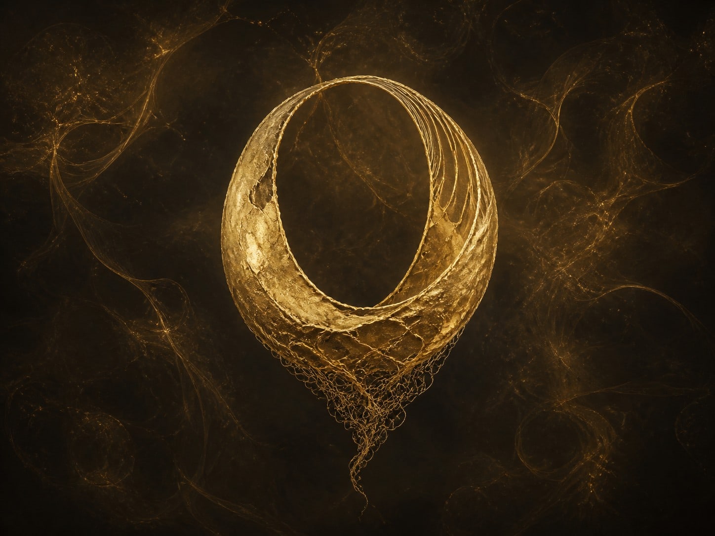 A floating open oval gold vessel unravels along its lower edge into one fine thread amid warm dark haze.