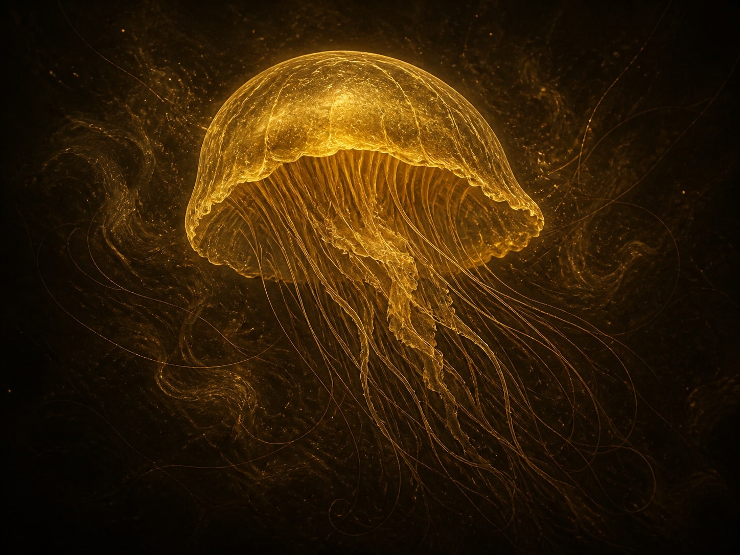 A gold jellyfish bell with long fine strands trailing far below it.