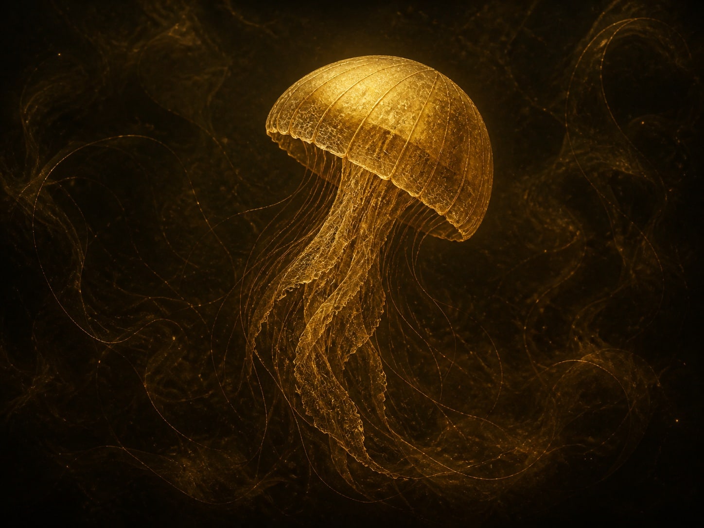 A gold jellyfish with a ribbed bell and loose tendrils drifting apart.