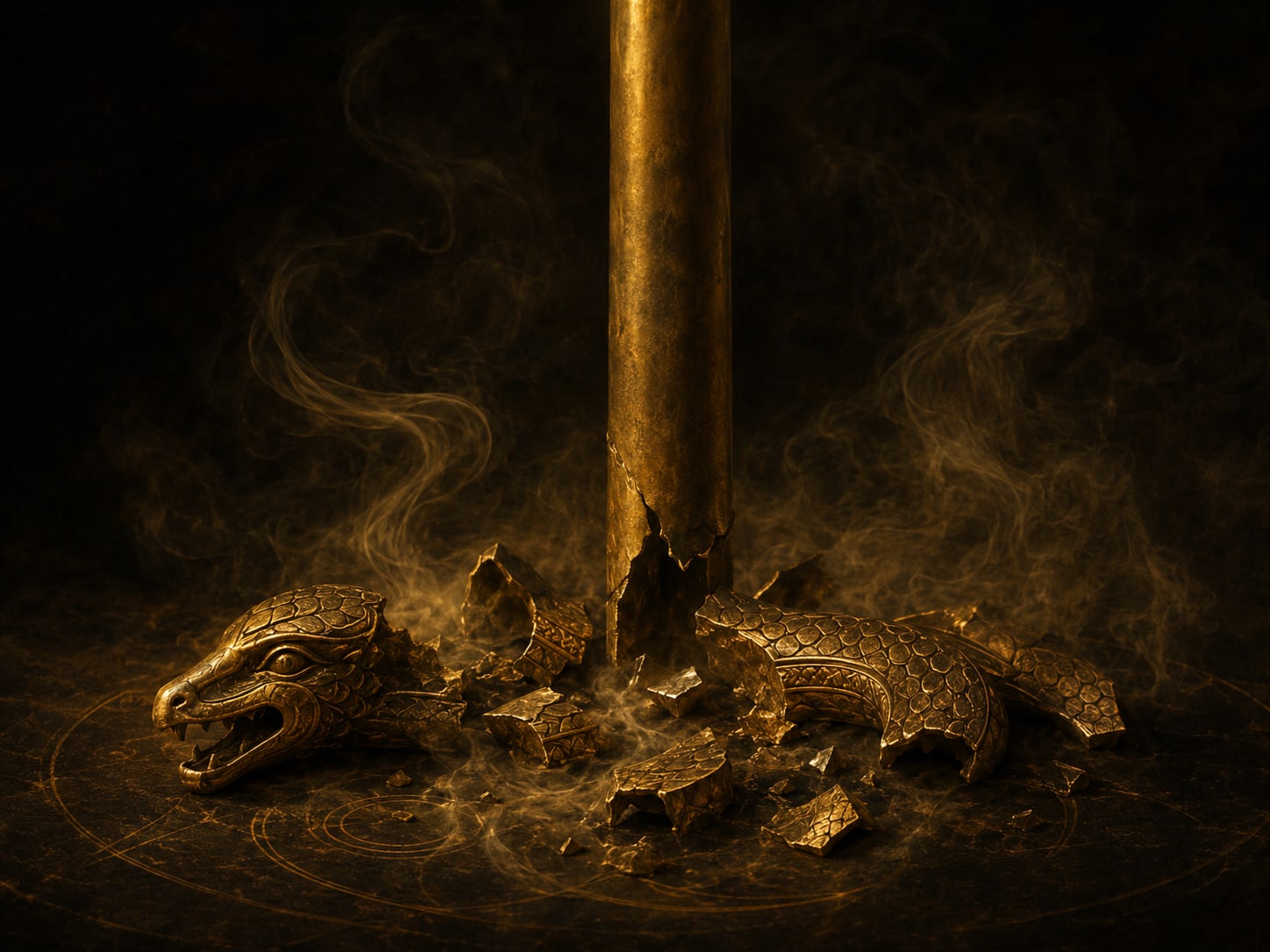 A bronze-gold serpent effigy broken away from a plain upright pole and lying in pieces at its base.