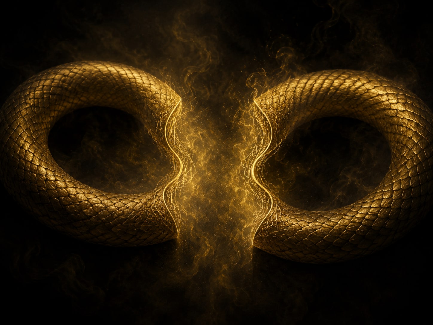 A gold serpent coil parted cleanly into two separated arcs, drifting smoke bright in the gap between them.