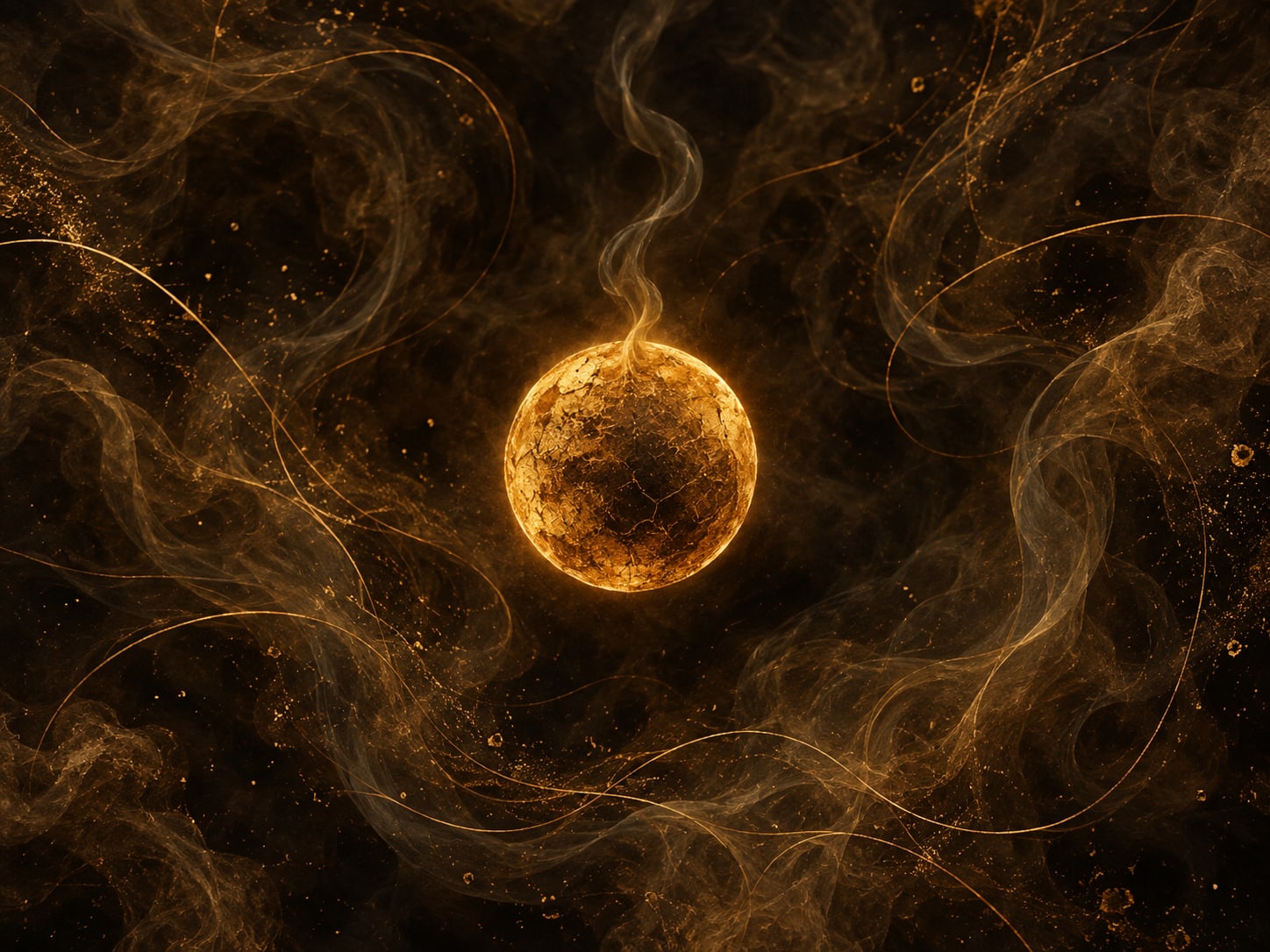 A round gold ember with a dark centre and glowing edge floats in smoky darkness.