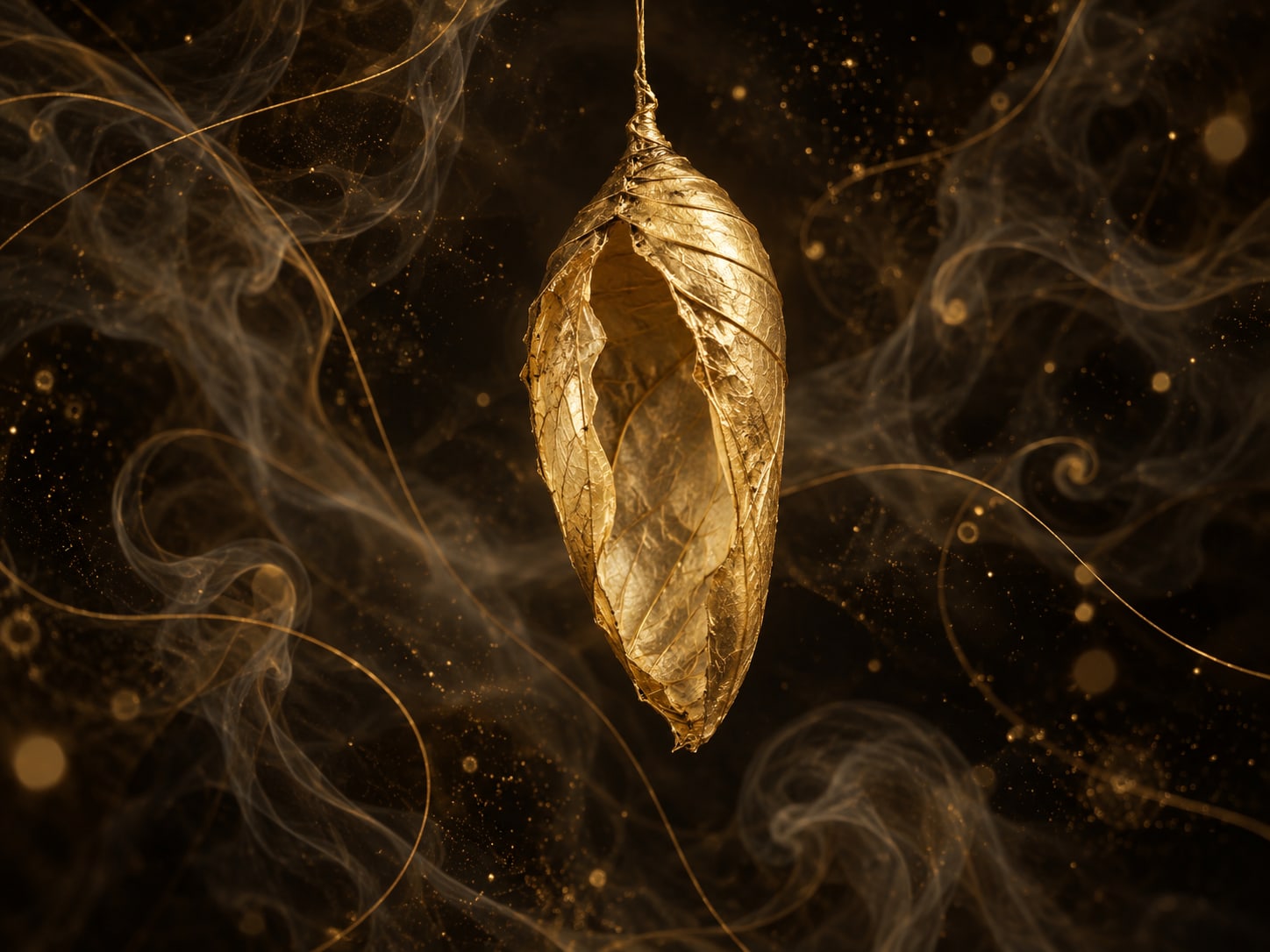 An empty split gold chrysalis hangs from a thin thread amid smoke and gold dust.