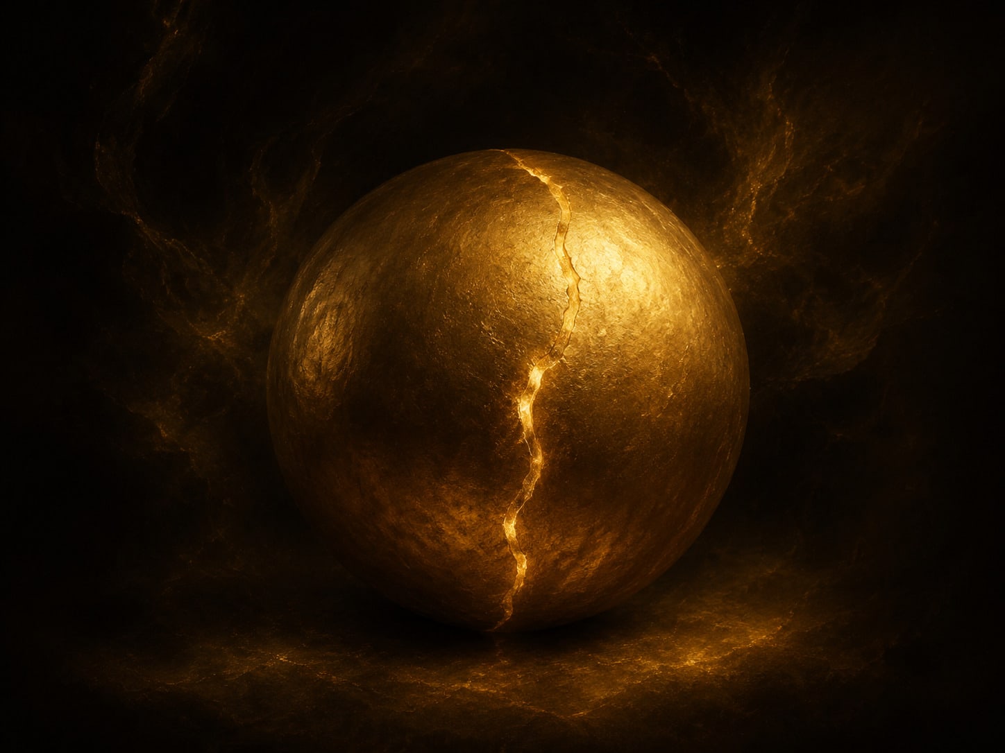 A gold form broken in two and set back together, the closed fracture line still faintly visible and warm with light.