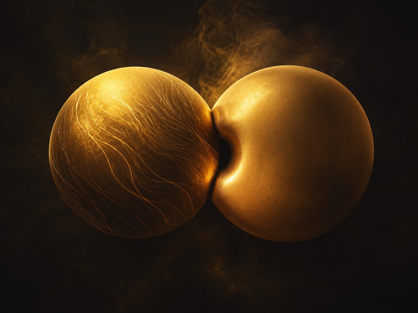 Two gold forms touching, one pressing into the other so its clean contour dents inward at the contact point.