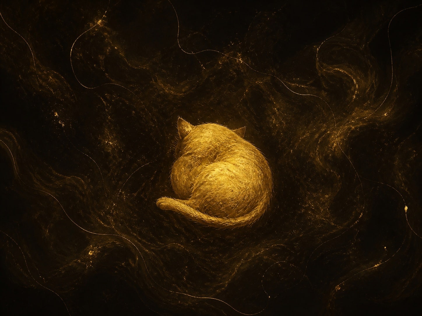 A small gold kitten curled on its side with one paw folded under.
