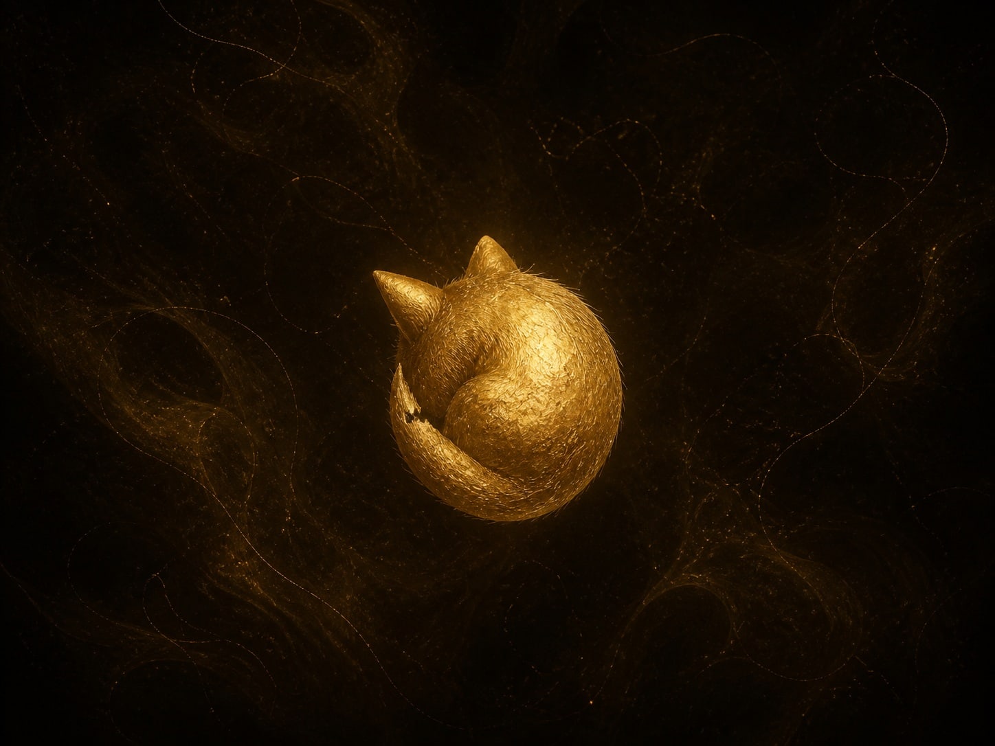 A compact gold kitten curled tightly with its tail out of sight.