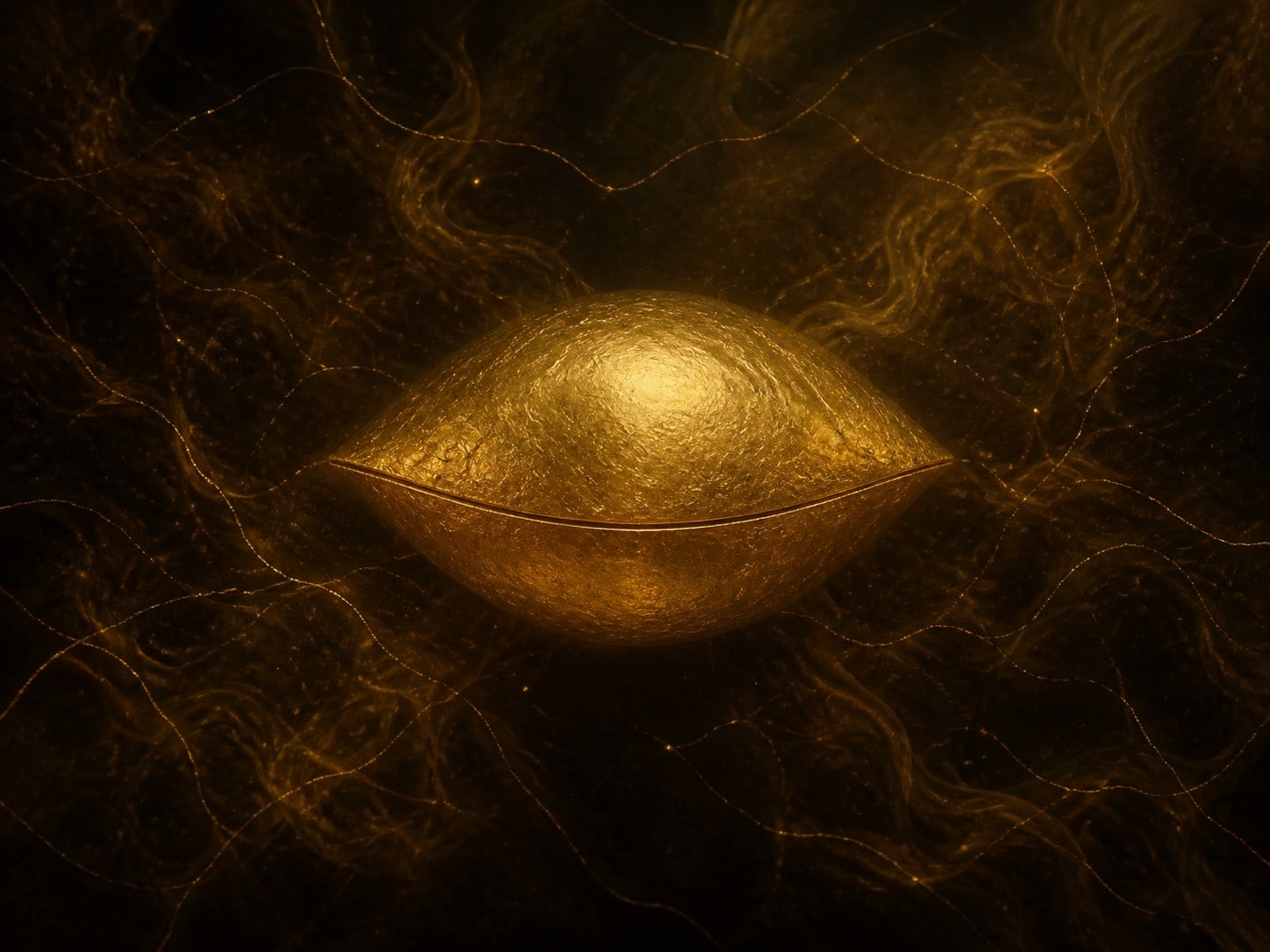 A closed lens-shaped gold form, domed above and flat below, with no opening.
