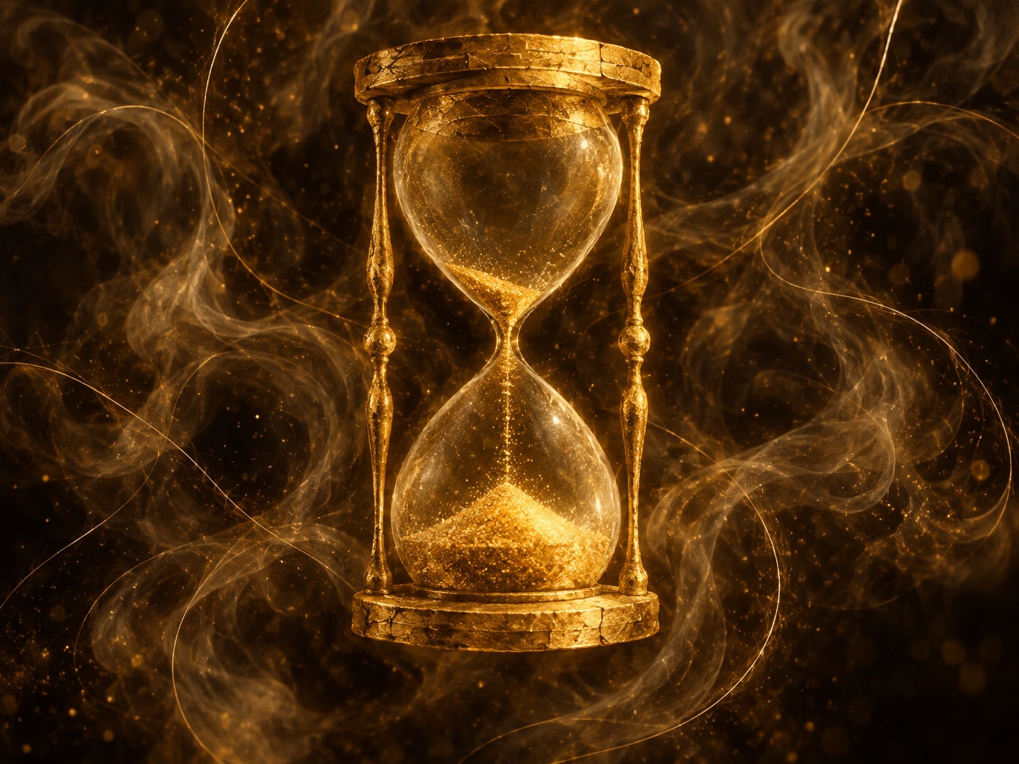 A gold hourglass with a thin stream of gold particles falling into its lower bulb floats in smoky darkness.