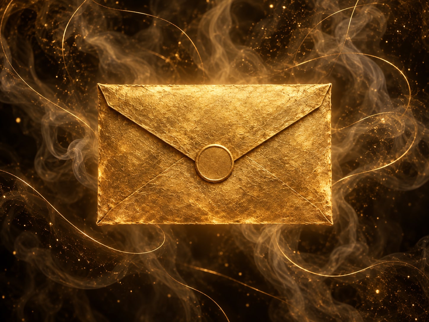 A blank sealed gold envelope with a plain round seal floats in a smoky dark space.