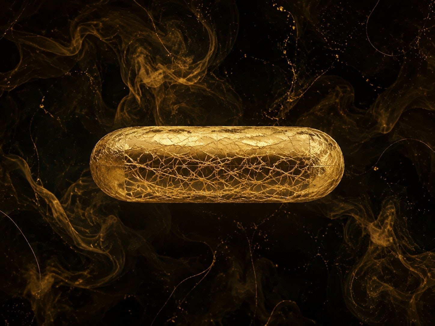 A translucent gold capsule with a delicate thread lattice floats in a dark smoky background.