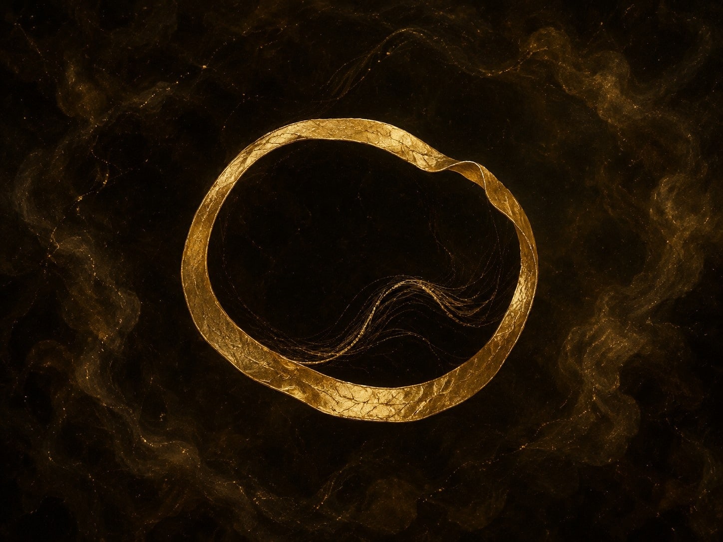 A loose oval strand of glowing gold with fine inner threads floats amid gold haze in darkness.