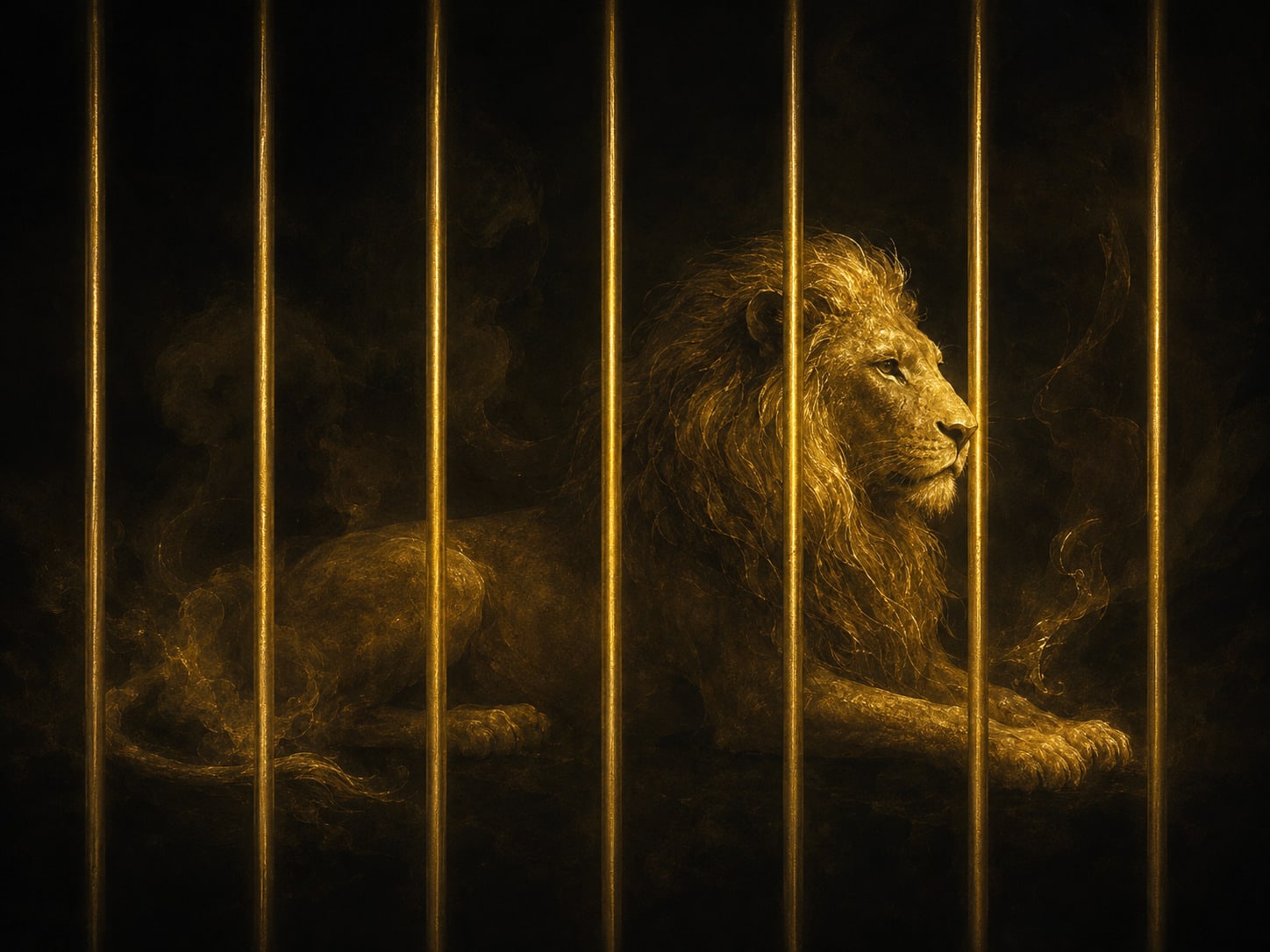 A gold lion form lying calmly behind a row of upright gold bars that float in darkness with no cage around them.