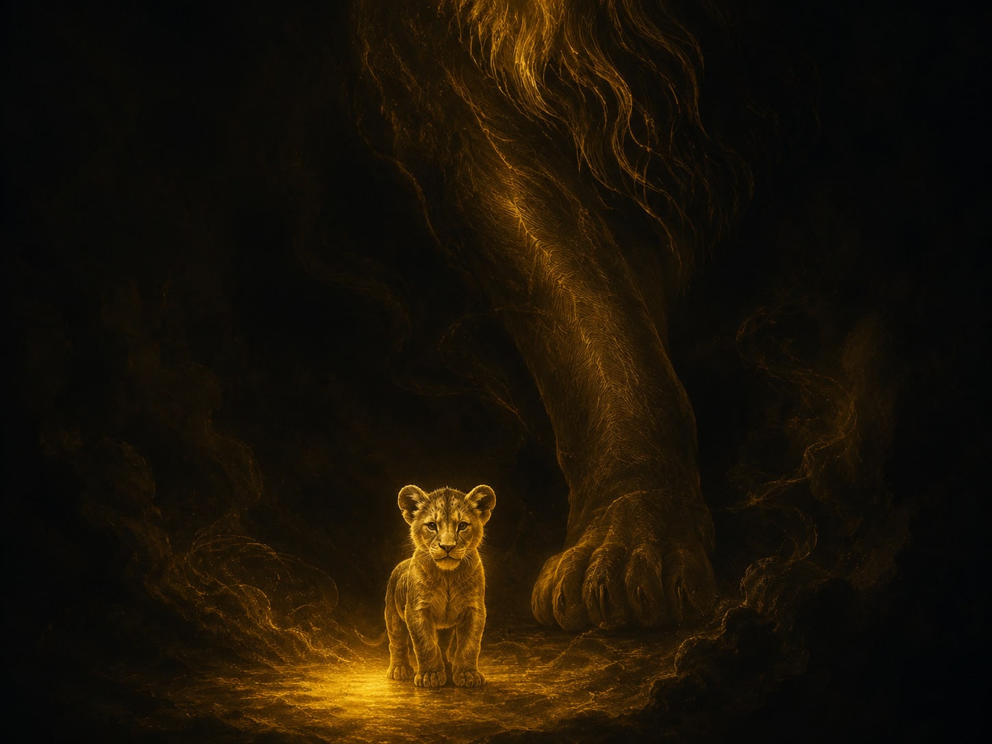 A small gold lion cub form standing in a pool of light, with the shoulder of a much larger gold lion form half lost in darkness above it.