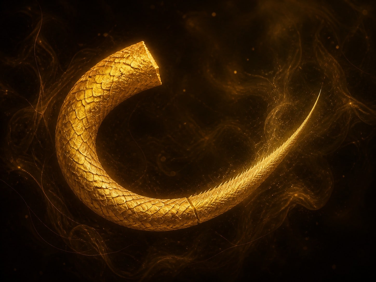 A curved scaled gold tail with a blunt cut end where it has broken off.