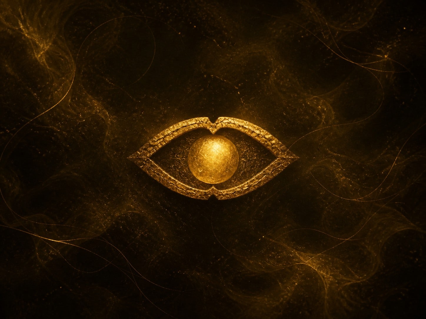 An eye-shaped gold form with a round bead at its center.
