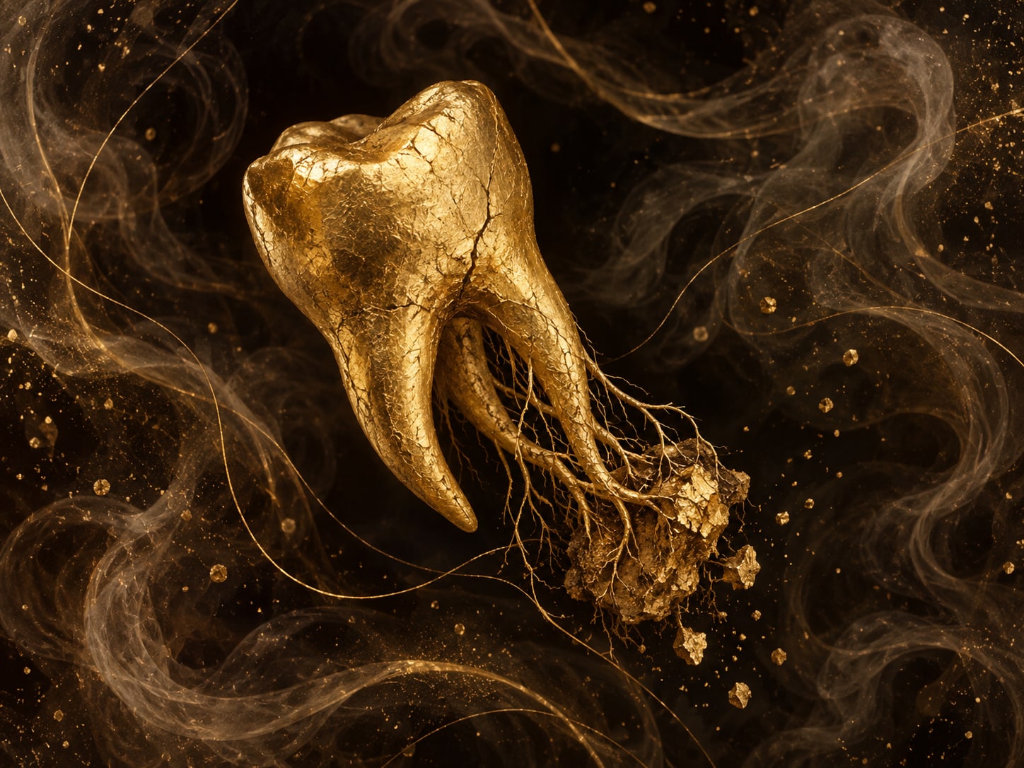 A gold tooth with branching roots remains attached to a small crumbling clod of gold earth.