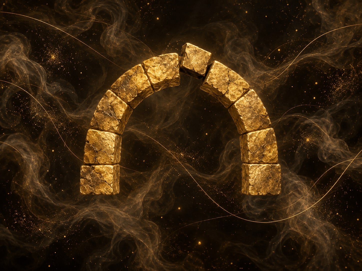 A floating arch of gold stones has one top stone partly displaced.