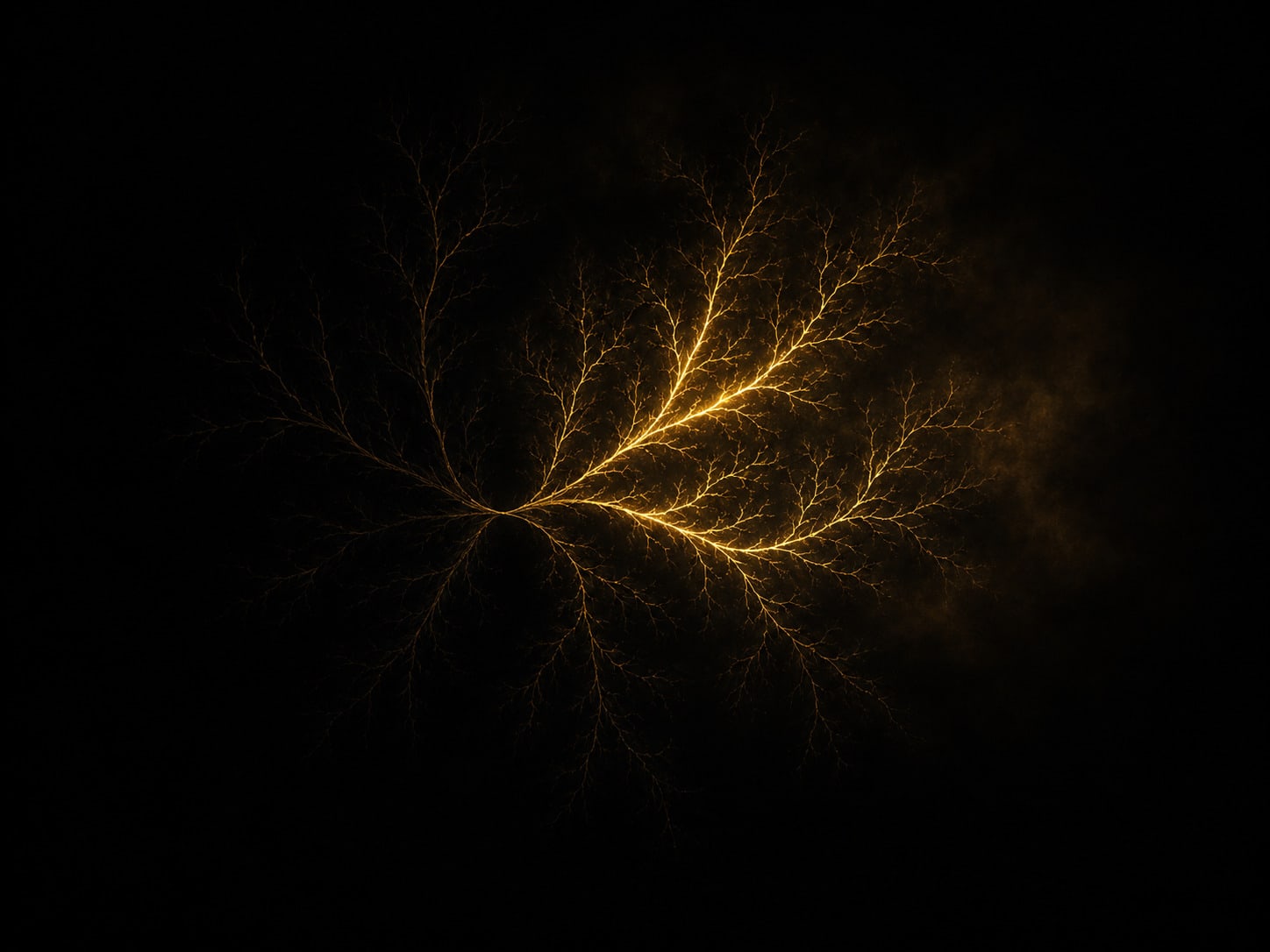 A branching structure of fine gold filaments, glowing along the inner branches and dark but intact toward the outer ends.