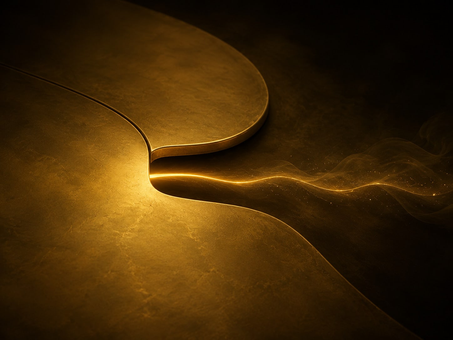 A sealed gold surface broken by one narrow open channel with a thin thread of gold light passing out through it.
