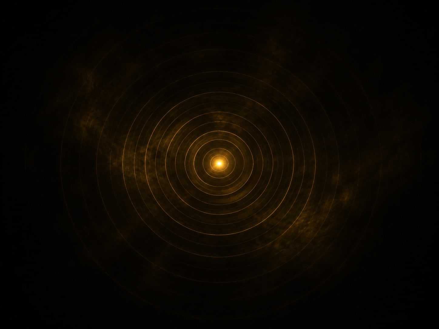 A single bright gold point in darkness with fine concentric gold rings spreading evenly outward and thinning as they widen.