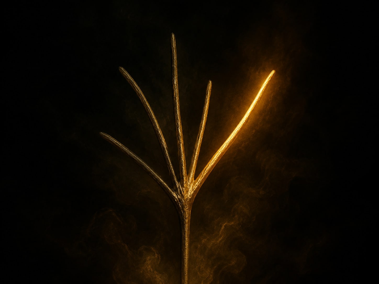 A gold stem dividing into several short prongs of differing lengths, one of them lit along its full length and the others dim.