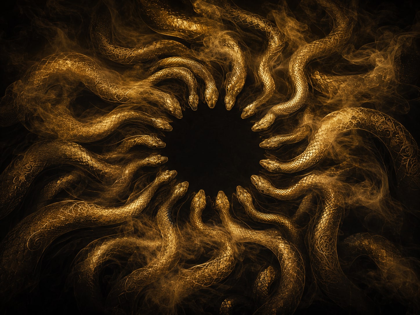 Many gold serpents converging in a slow ring toward an empty circle of undisturbed dark at the center.