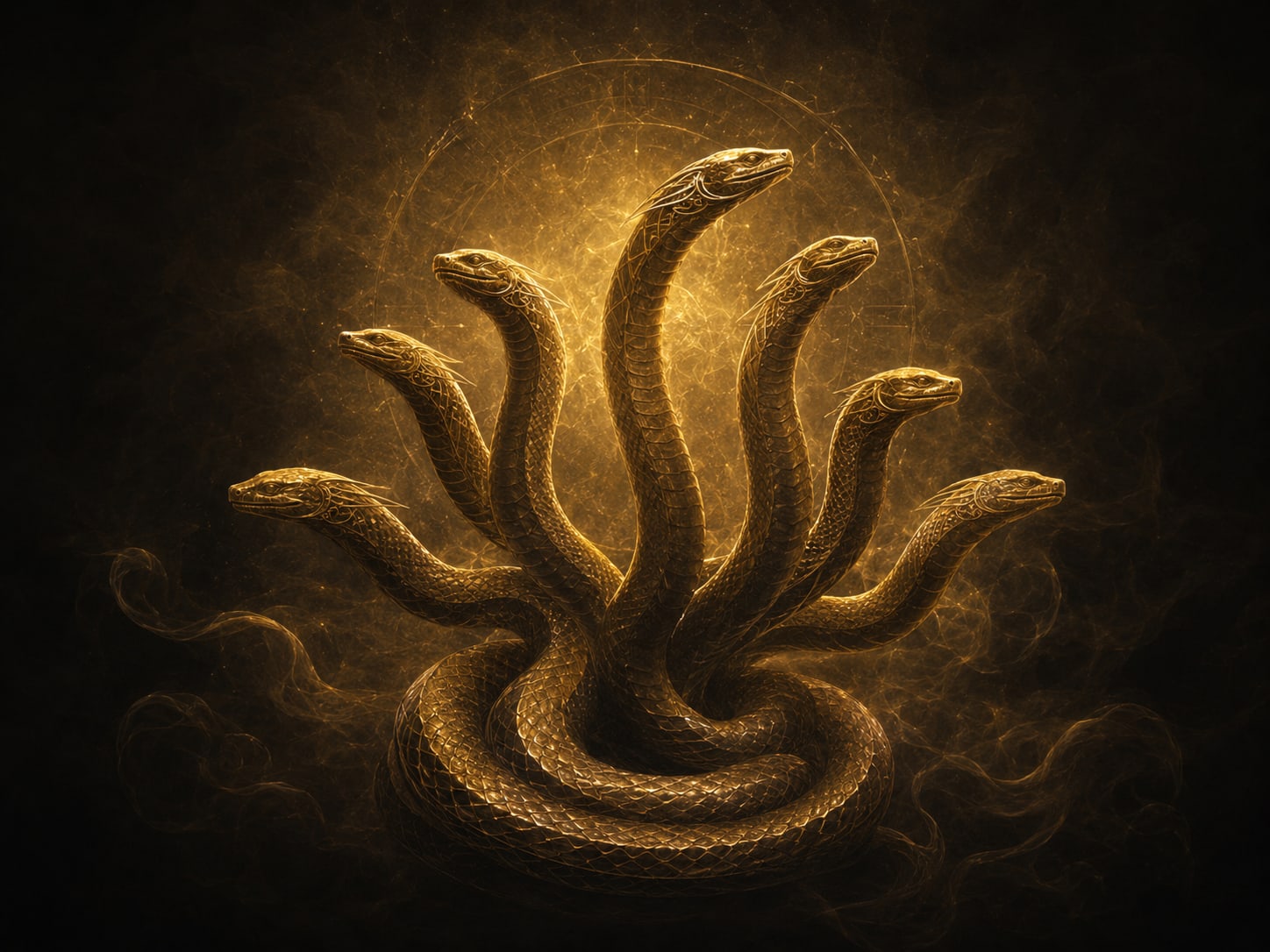 Several gold serpent heads rising on separate necks from one shared coiled body, rim-lit and elegant.