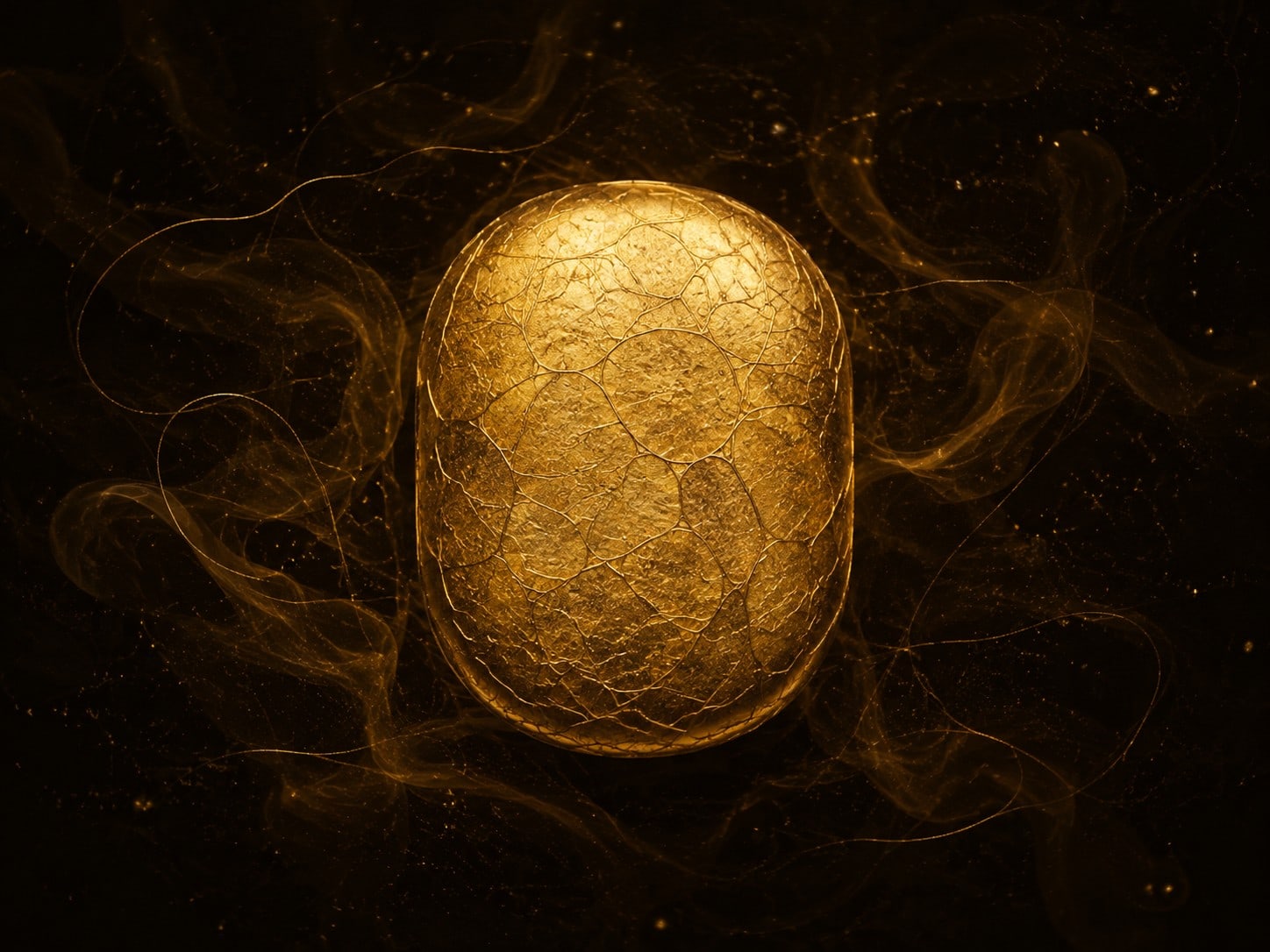 A rounded textured gold form with a fine lattice of seams floats in smoky near-black space.