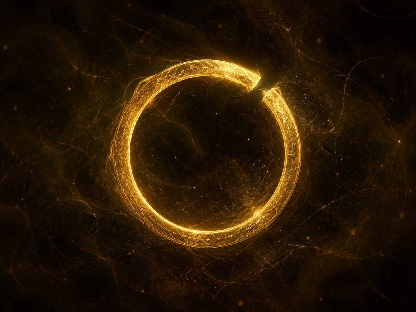 A textured gold ring with one loosened segment floats in smoky near-black space.