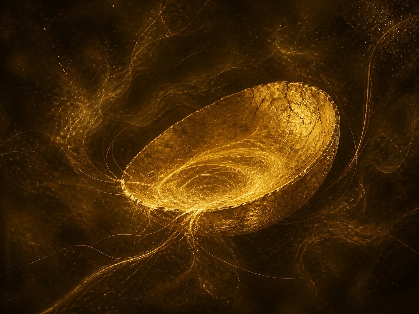 A shallow glowing gold bowl holds a swirl of fine gold filaments in smoky dark space.