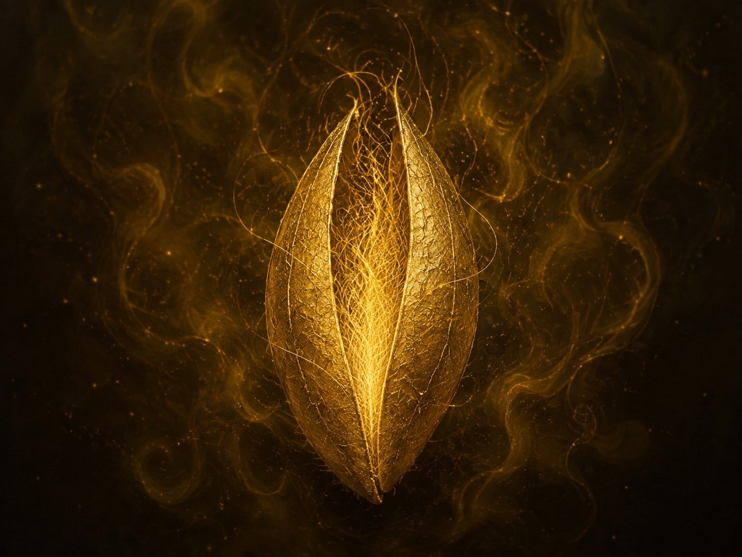 A split glowing gold chrysalis releases a tangle of fine gold filaments into smoky darkness.