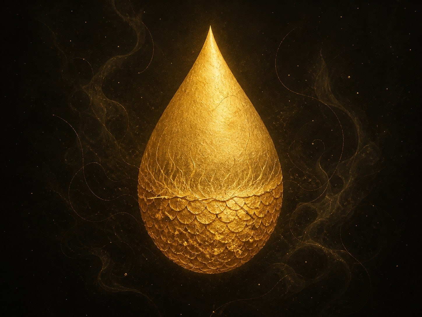 A teardrop-shaped gold emblem has a smooth top and a scaled lower half.