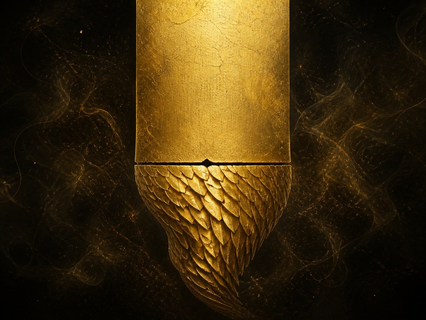 A smooth gold upper section and a scaled lower section nearly meet at a dark seam.