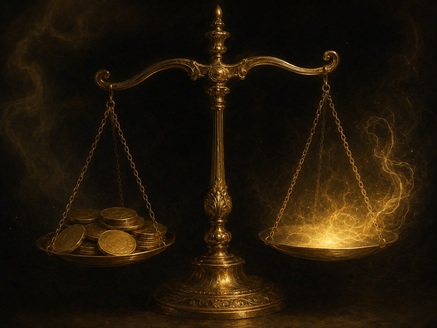 A gold balance scale weighing blank coins against a soft glow.