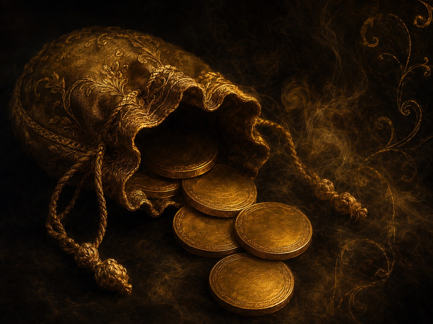A gold drawstring purse spilling blank coins into the dark.