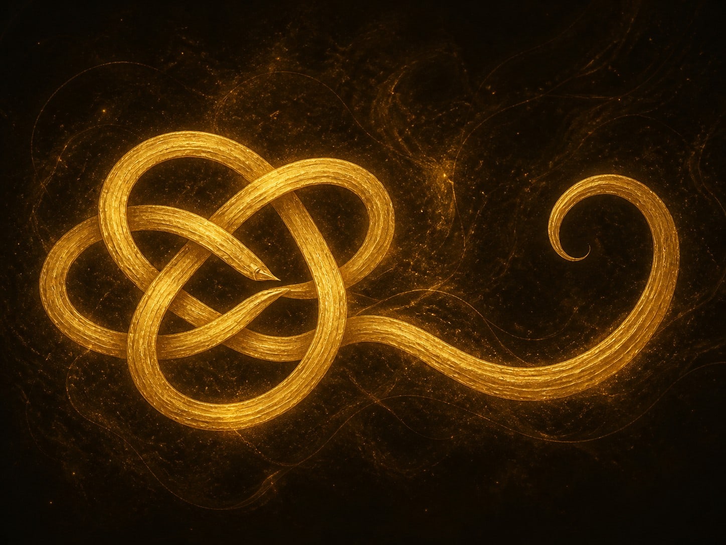A gold cord looped and tangled into a knot, with two loose ends curling away.