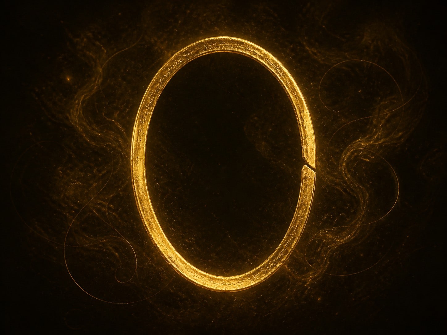 An uneven oval gold ring with a break in one side.