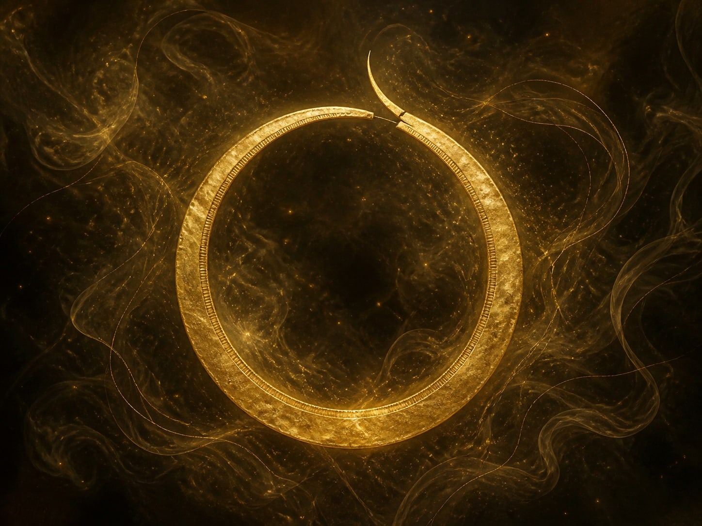 A textured gold ring with a narrow break and a small curved segment floats in a dark smoky background.