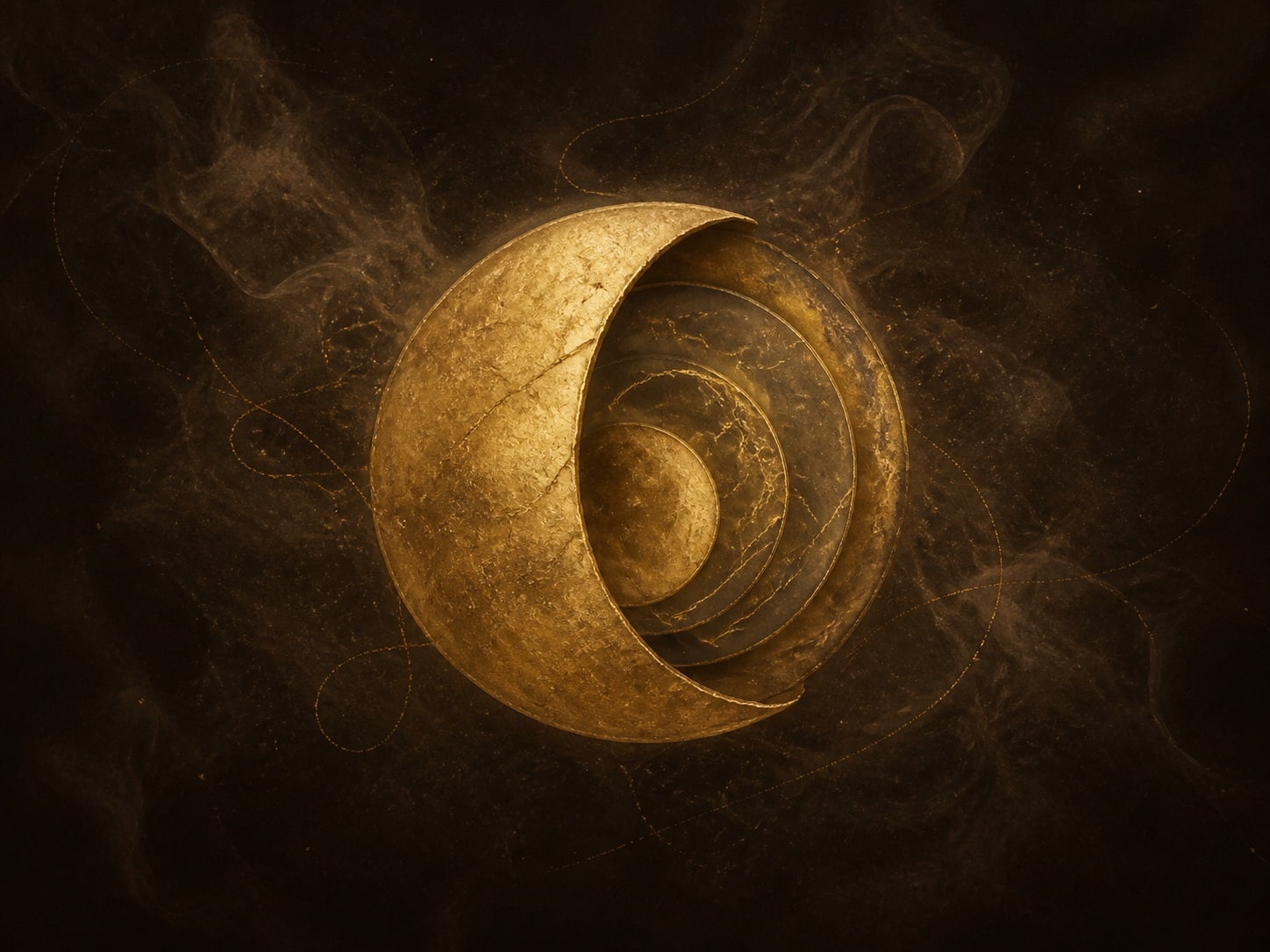A textured gold crescent-shaped shell surrounds several nested circular layers in a dark hazy background.