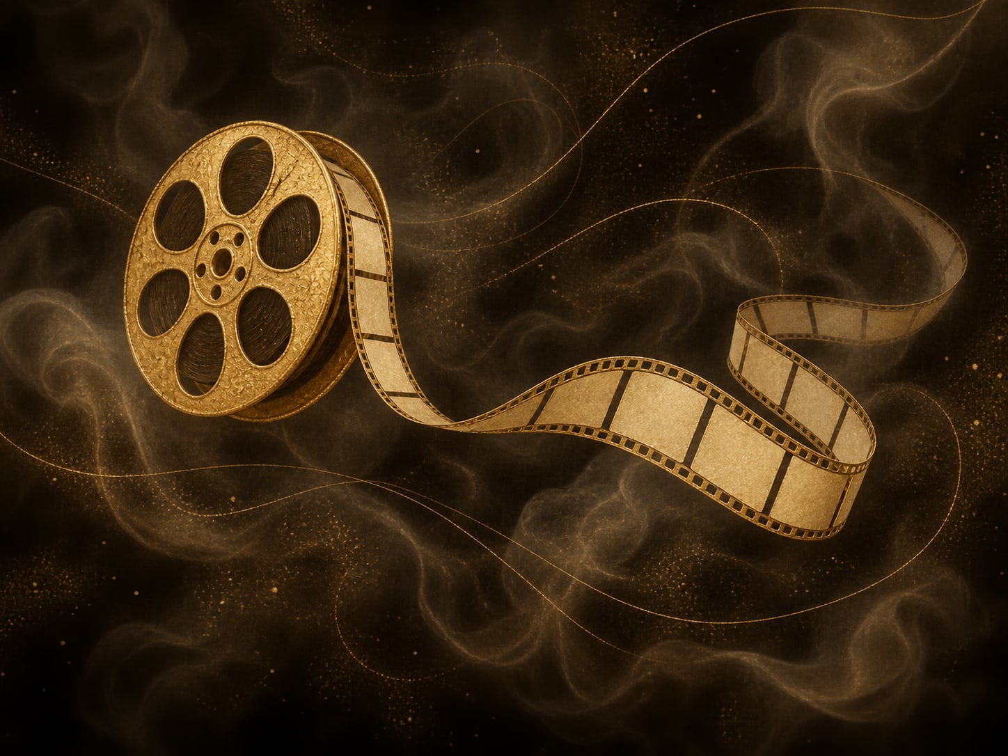 A gold film reel unspools a blank curling strip of film in smoky dark haze.